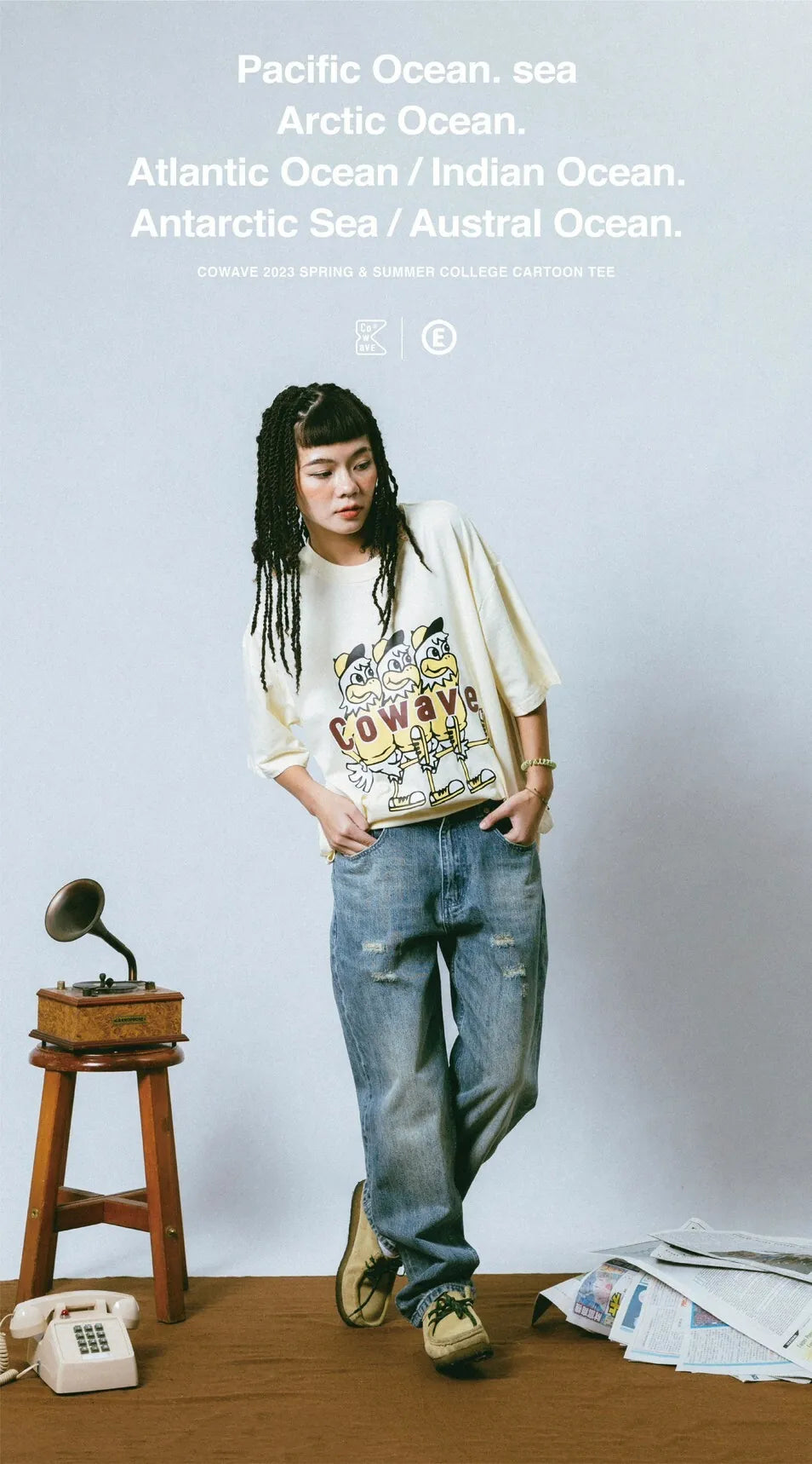 Cowave 2023 Spring & Summer College Cartoon tee 米白