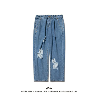WODEN 2023-24 Autumn & Winter Double Ripped Denim Jeans