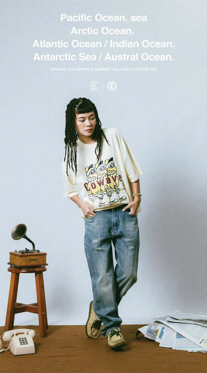 Cowave 2023 Spring & Summer College Cartoon tee 米白