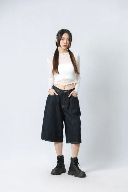 YOKO 深藍牛仔膝下褲