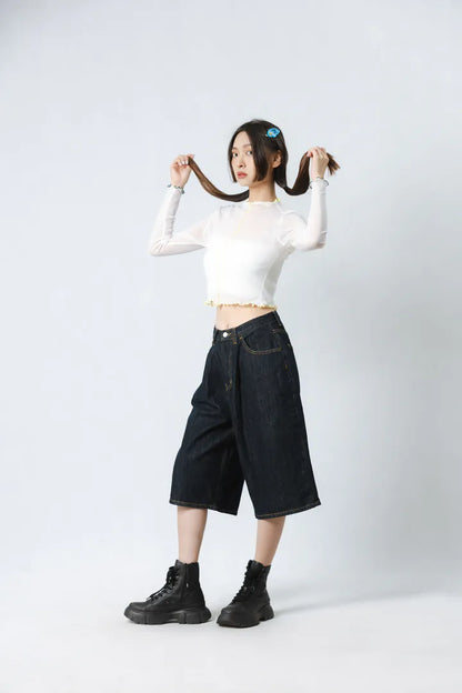 YOKO 深藍牛仔膝下褲