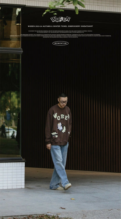 WODEN 2023-24 Autumn & Winter Momentum 029 Towel Embroidery Sweatshirt 咖啡色款