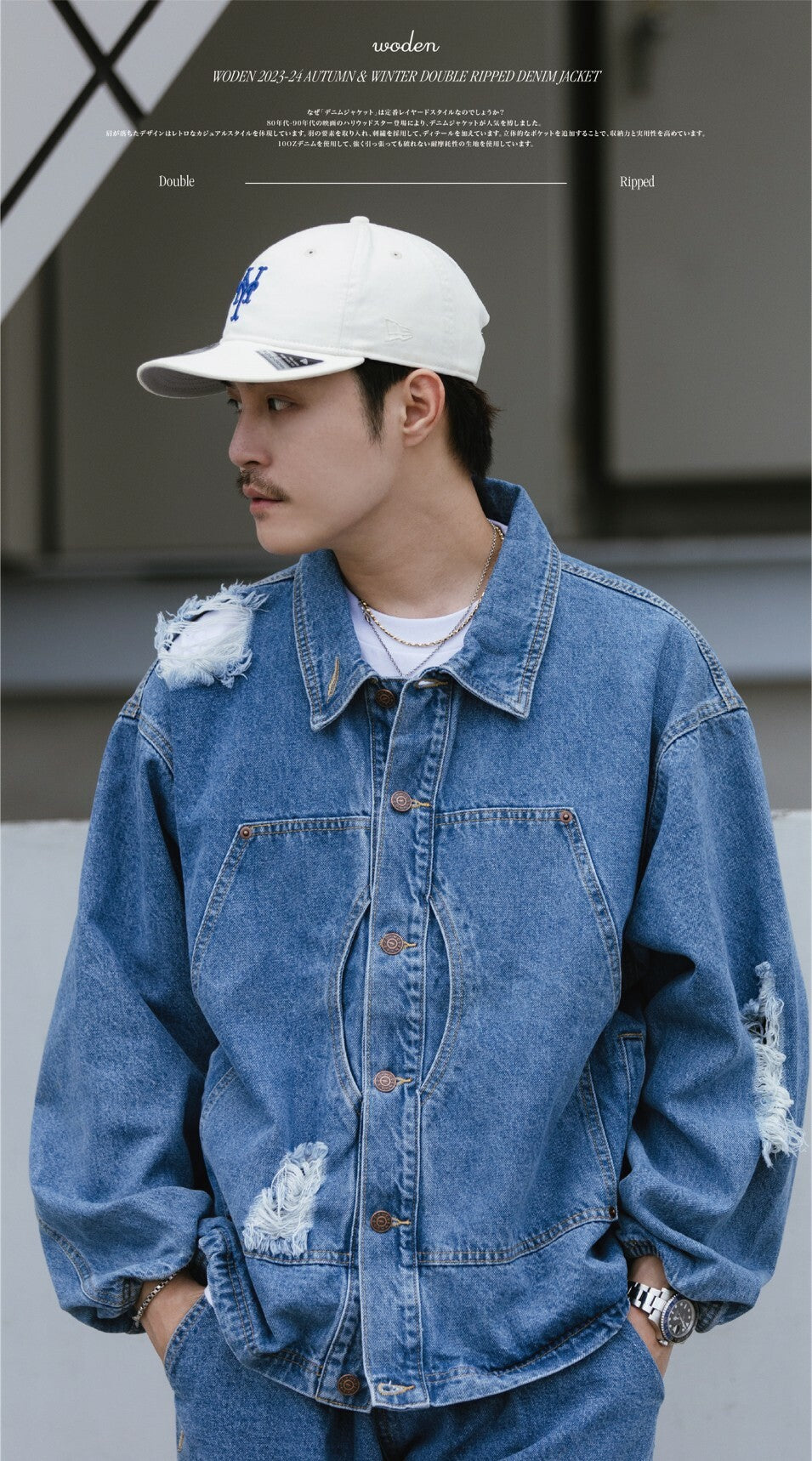 WODEN 2023-24 Autumn & Winter 008 Double Ripped Denim Jacket