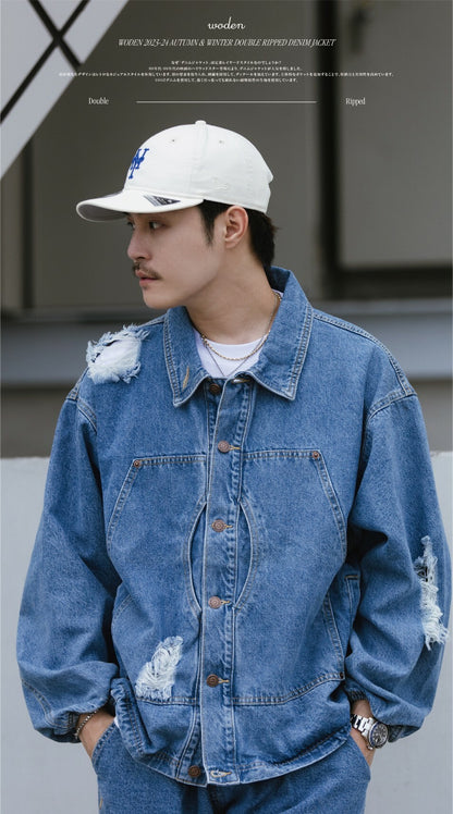 WODEN 2023-24 Autumn & Winter 008 Double Ripped Denim Jacket